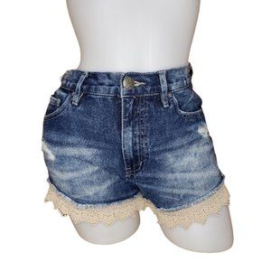 FREE PEOPLE DISTRESSED DENIM JEAN SHORTS WITH CROCHET LACE TRIM W27